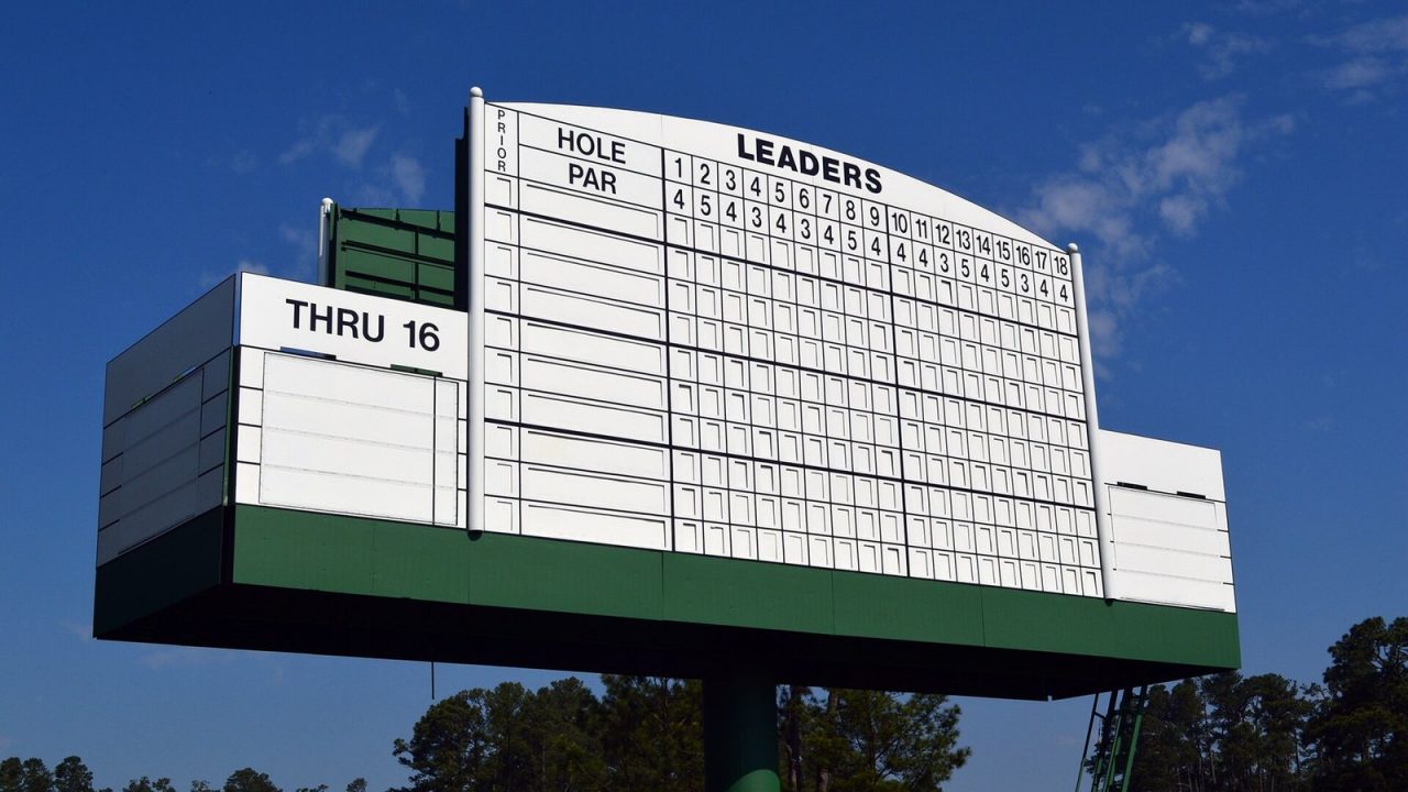 Large manual leaderboard at Augusta National during the 2015 Masters