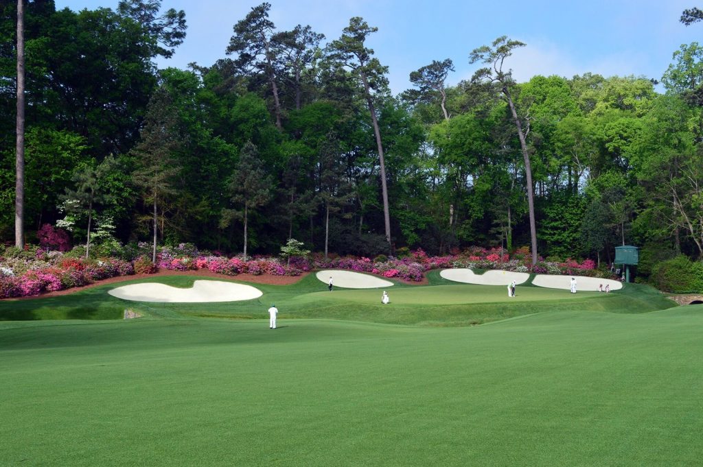 The 13th hole, Azalea, at Augusta National during the 2015 Masters