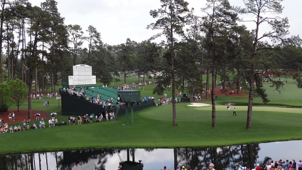 Spectator bleachers beside a hole during 2015 Masters practice
