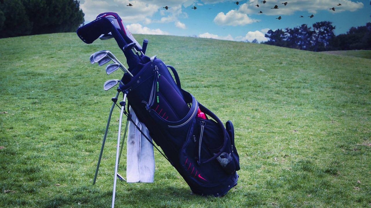 Golf bag full of clubs standing on grass by a lake