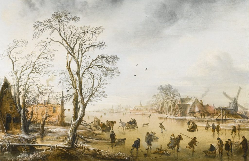 Dutch painting of a frozen winter landscape with people playing kolf