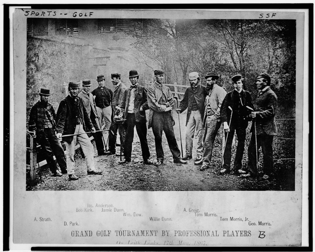 Group photograph of professional golfers at a tournament on Leith Links in 1867