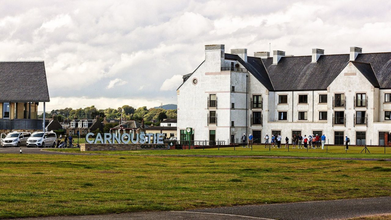 Carnoustie Golf Links in Scotland with fairways, bunkers and greens