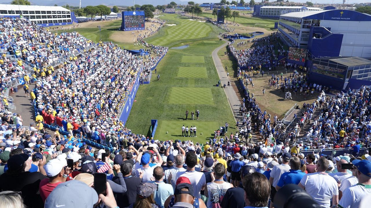 Packed grandstand at the 2023 Ryder Cup at Marco Simone