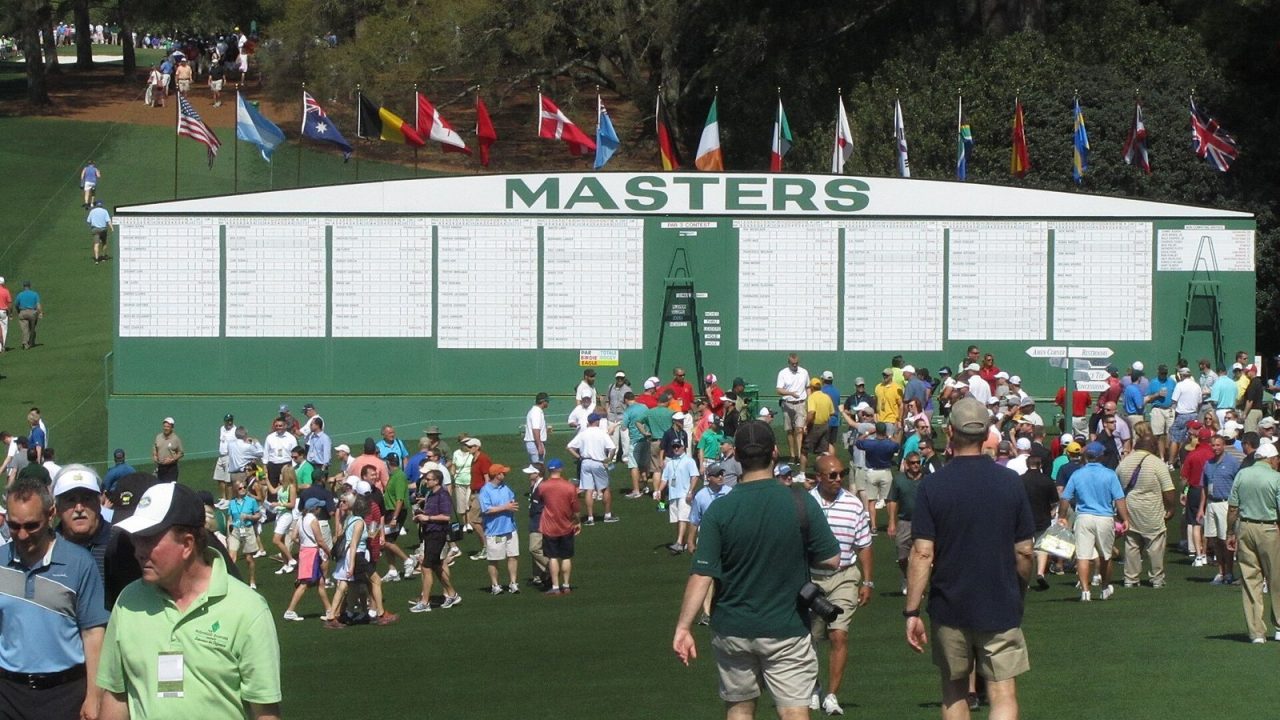 Large scoreboard at Augusta National during the 2013 Masters