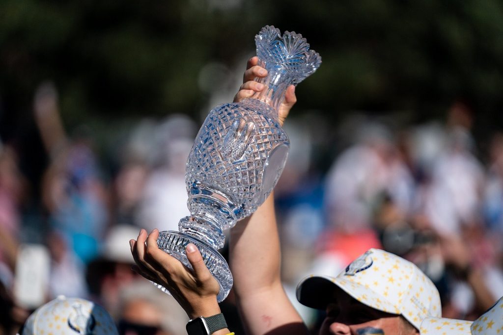 The Solheim Cup trophy displayed at the 2023 matches in Spain